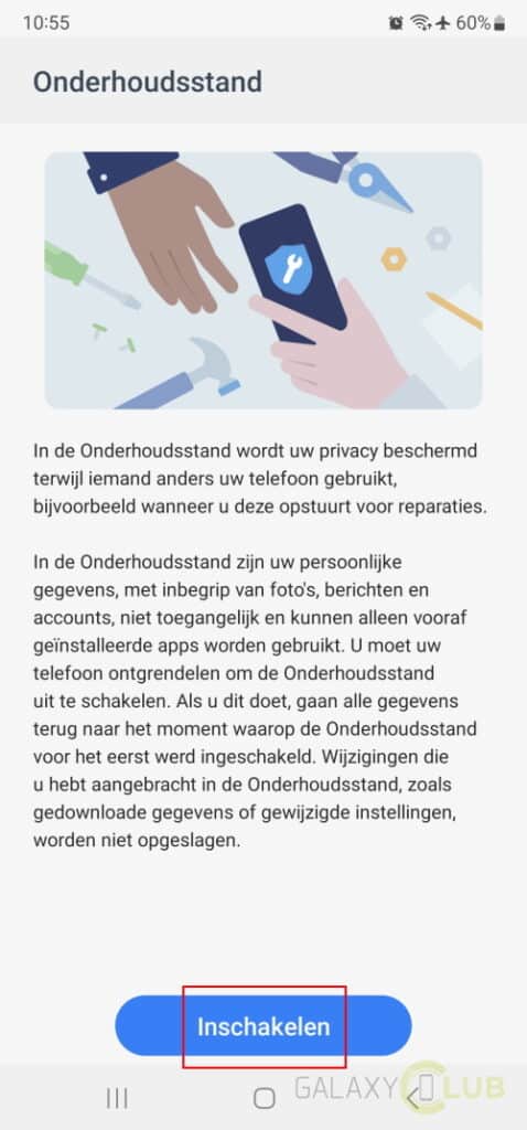 Onderhoudsstand inschakelen